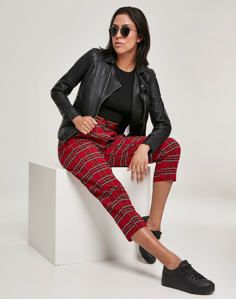 Women's Pants URBAN CLASSICS - High Waist Checker Cropped - Red/blk 29